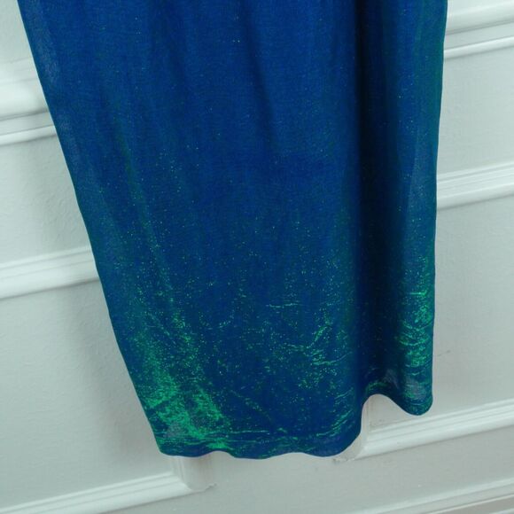 Vintage 3 4 Prom Dress 90s Y2K Blue Green Iridiscent Shiny Metallic Column Maxi - Picture 5 of 11